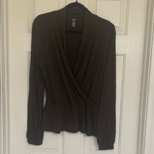 Kenneth Cole Reaction Brown Faux-Wrap Peplum Blouse